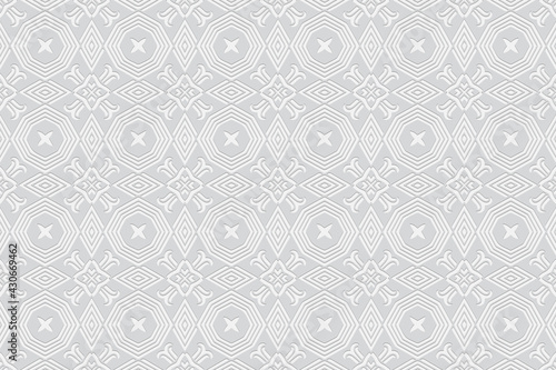 3d volumetric convex geometric white background. Embossed ethnic traditional folk pattern. Oriental, Islamic, Arabic, Maracan motives. Ornament for wallpapers, presentations, textiles, websites.