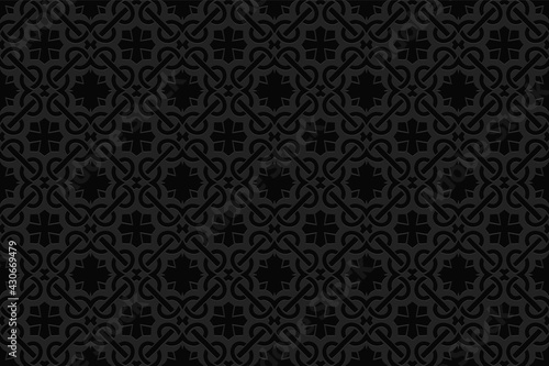 3d volumetric convex geometric black background. Embossed ethnic original folk pattern. Oriental, Islamic, Arabic, Maracan motives. Ornament for wallpapers, presentations, textiles, websites.