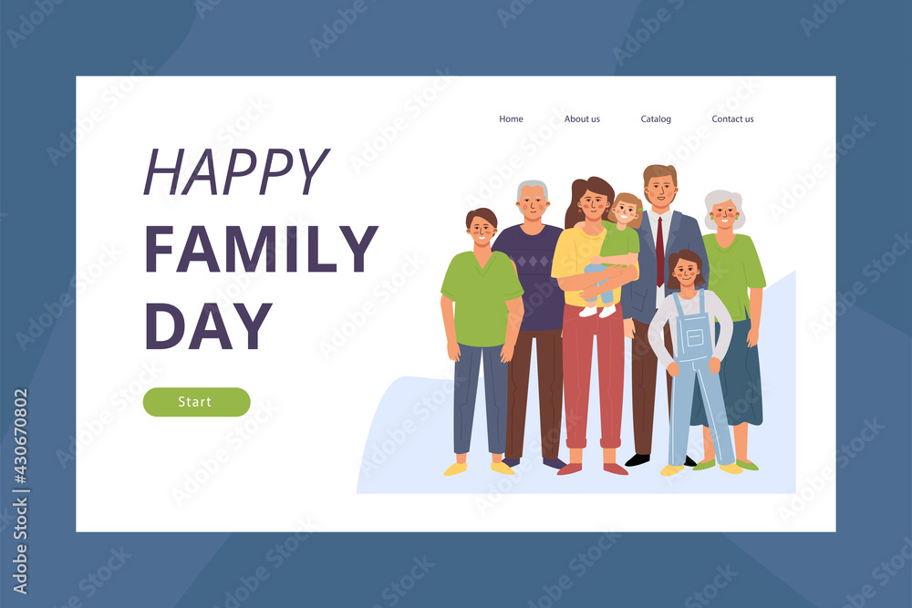 Happy family day. Landing page template with cartoon flat characters. Father, mother, son, daughter, grandmother, grandfather.