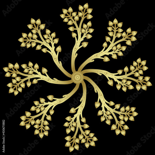 Round floral spiral design or mandala with stylized tree branches. Folk medieval style. Golden glossy silhouette on black background.