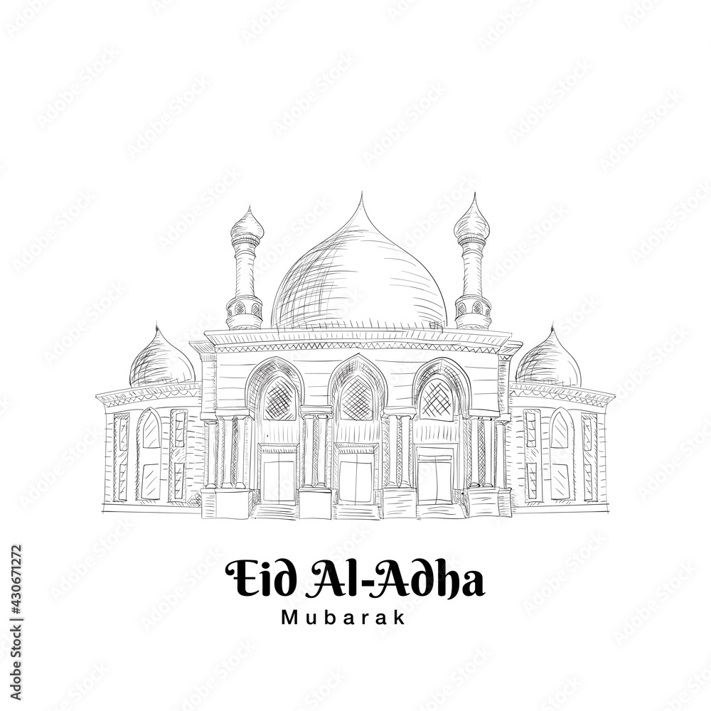 Mosque Sketch hand drawing Illustration for eid al adha mubarak