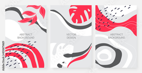 Abstract minimal leaves, modern circular and wavy line and shape vector illustration set. Minimalist contemporary botanical wall art, red monstera leaf, tropical jungle plant wallpaper template