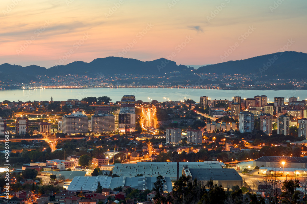 View of a beautiful sunset over the city of Vigo in Galicia, Spain.