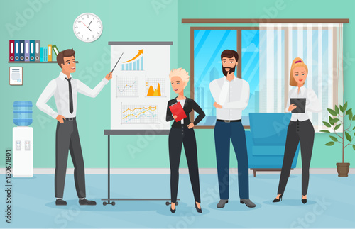 Business people group presentation in office. Finance team training conference meeting cartoon flat vector Illustration