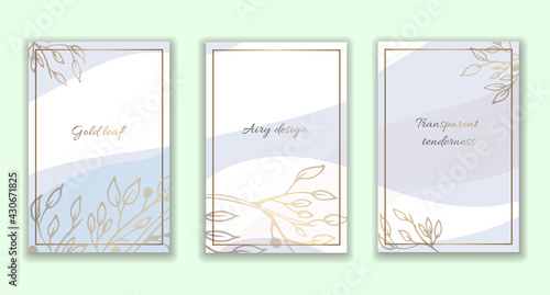 Gold frame. Set of gilded leaves and branches. Modern spot design. Vector illustration.