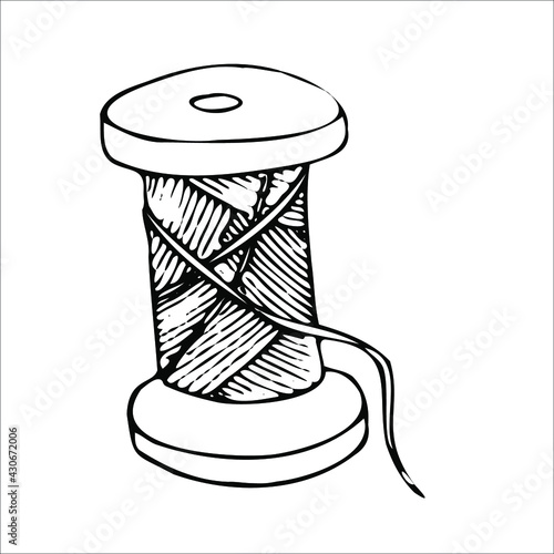 Hand draw outline spool of thread. Vintage, retro style