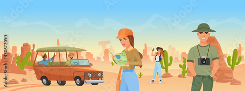 Friends people on vacation desert tour in Arizona landscape, tourism vector illustration. Cartoon traveler tourist characters explore rocky landscape with cacti, take photos, travel by jeep background