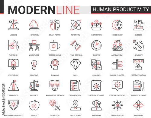 Human brain productivity, concentration classic red black outline line icons vector illustration