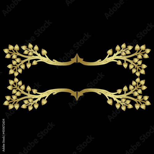Rectangular horizontal frame with stylized tree branches. Medieval illuminated manuscript style. Golden glossy silhouette on black background.
