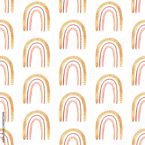 Seamless pattern with boho rainbow with star in neutral color. Watercolor hand drawn illustration digital paper