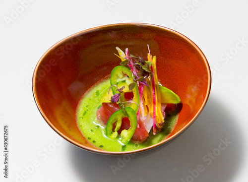 tuna ceviche with aguachile and veggies photo