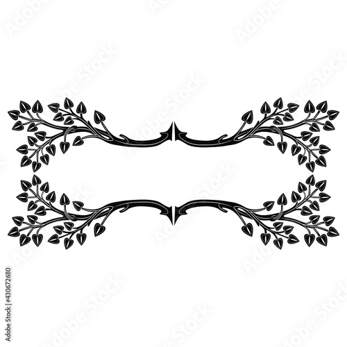 Rectangular horizontal frame with stylized tree branches. Black and white silhouette. Medieval illuminated manuscript style. photo