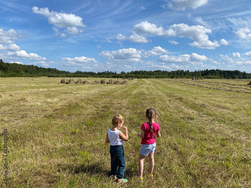 A girl and a boy stand in the field with their backs against the blue sky. Happy childhood concept.