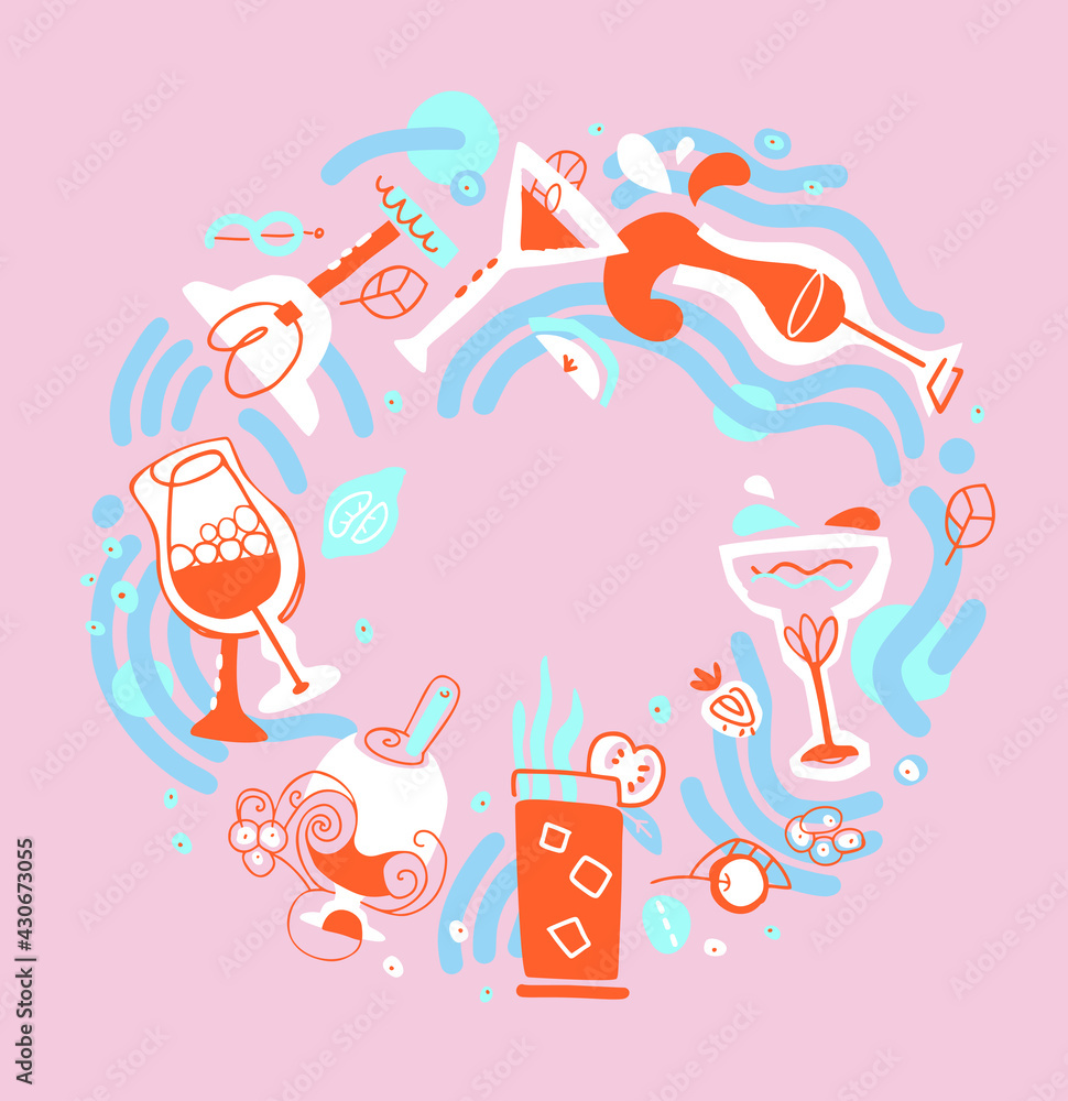 Drinks in fancy hand drawn glasses. Round frame for the inscription. Elements for menu or textile design. Drinks in fancy hand drawn glasses. Round frame for the inscription. Elements for menu or textile design.