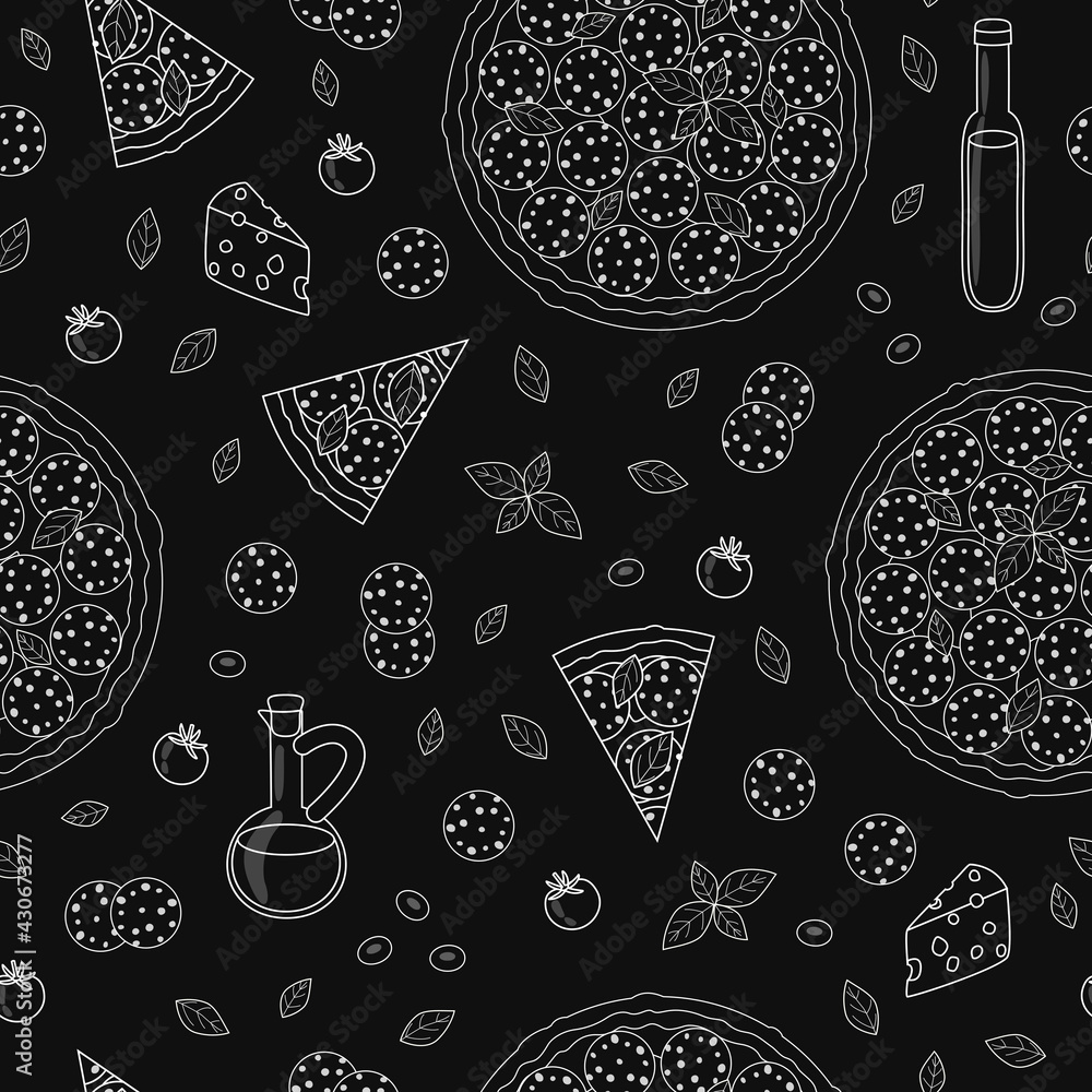 Pizza pattern - pepperoni pizza and ingredients on chalkboard - decorative  black seamless background with white outlines for pizzeria wallpaper design  Stock Vector | Adobe Stock