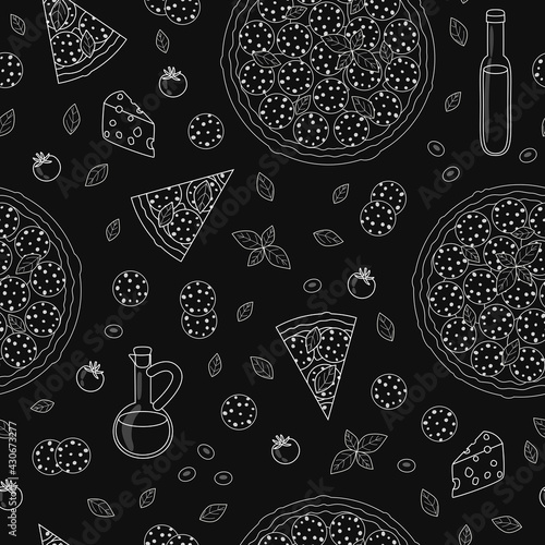 Pizza pattern - pepperoni pizza and ingredients on chalkboard - decorative black seamless background with white outlines for pizzeria wallpaper design