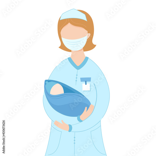 Vector illustration for midwife day. Nurse or midwife with mask holding a newborn by hands.