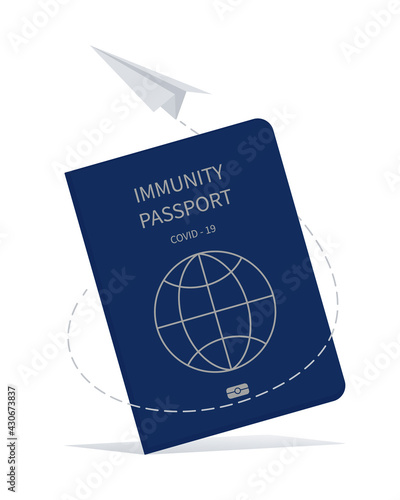 Immune passport template. Emblem, badge for travel by plane. Covid-19 immunity symbol sign.
