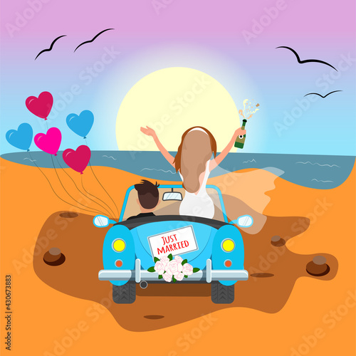 A newlywed couple driving a retro car with a sign on the back "Just married" are going on their honeymoon