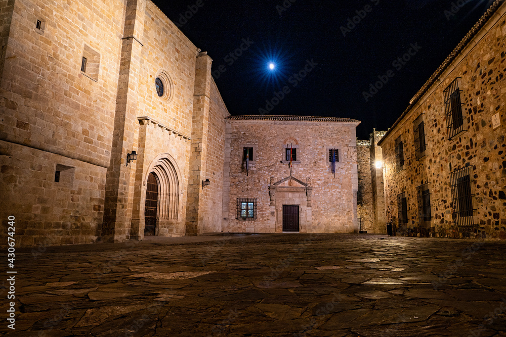 Cathedral of Santa Maria de la Asuncion at night in Caceres, Extremadura, Spain