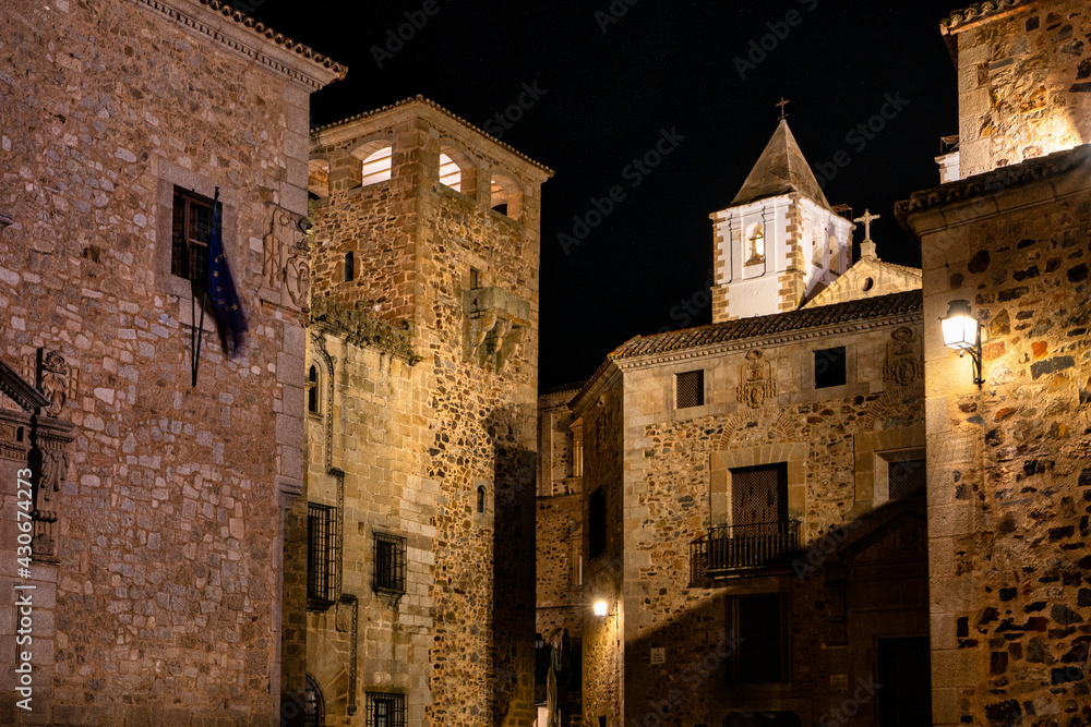 San Francisco Javier church built in baroque style in Caceres, Spain at night