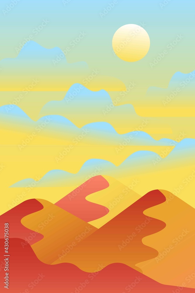 Landscape with waves. Blue sun set sky. Yellow, orange, pink and red mountains silhouette. Sandy desert dunes. Nature and ecology. Vertical orientation. For social media, post cards and posters