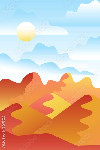 Landscape with waves. Blue sun set sky. Yellow  orange  pink and red mountains silhouette. Sandy desert dunes. Nature and ecology. Vertical orientation. For social media  post cards and posters