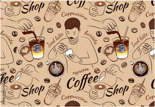 Line art pattern coffee shop, Sketch drawing drinks, cup of cappuccino, outline mug, latte art, engraving espresso, hand drawn iced tea, coffee beans, barista, menu, cafe wallpaper.Vector illustration