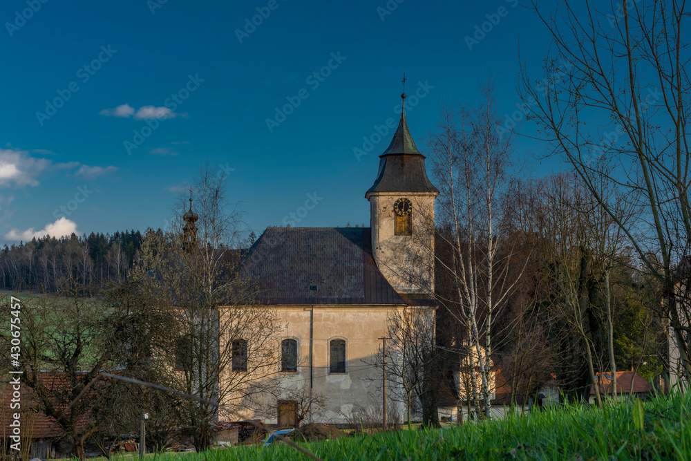 View for Roprachtice village with old church in spring nice sunny evening