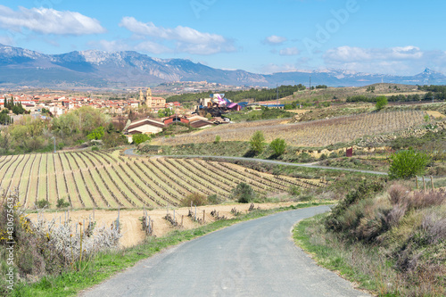 elciego  Spain. 14 th march  2021  panoramic views of elciego town with famous winery at background