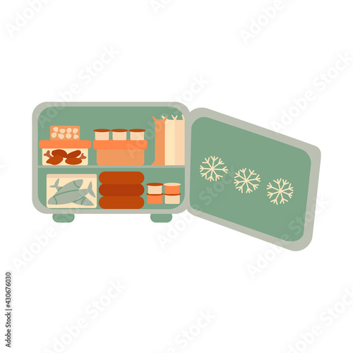 Open freezer with food on the shelves. Colorful vector isolated illustration hand drawn. Refrigerator. Storing frozen food and drinks