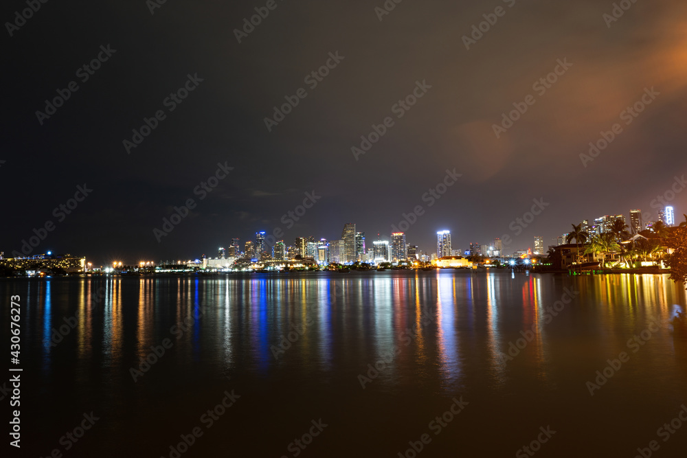 Fototapeta premium Panoramic view of Miami at sunset, night downtown. Miami night downtown, city Florida.