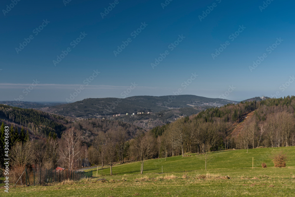 View over Horny Polubny village in Jizerske mountains in green spring sunny day