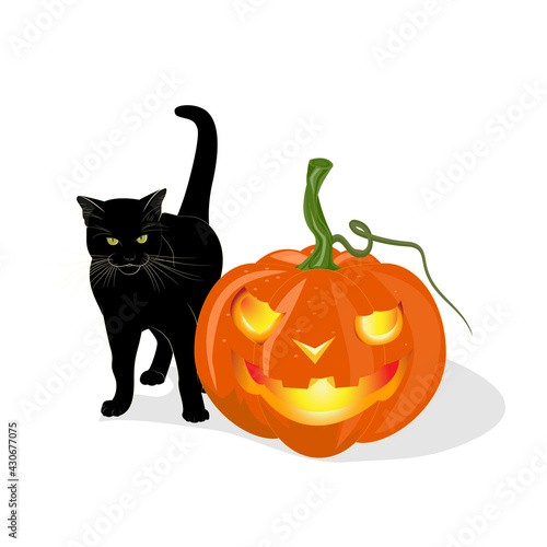 A black young cat stands next to a jack-o '-lantern pumpkin . Autumn illustration for Halloween or greeting cards. Vector clip art isolated on a white background. © Tatiana Lukina