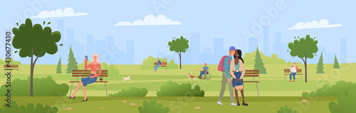 People in summer public park wide landscape panorama illustration