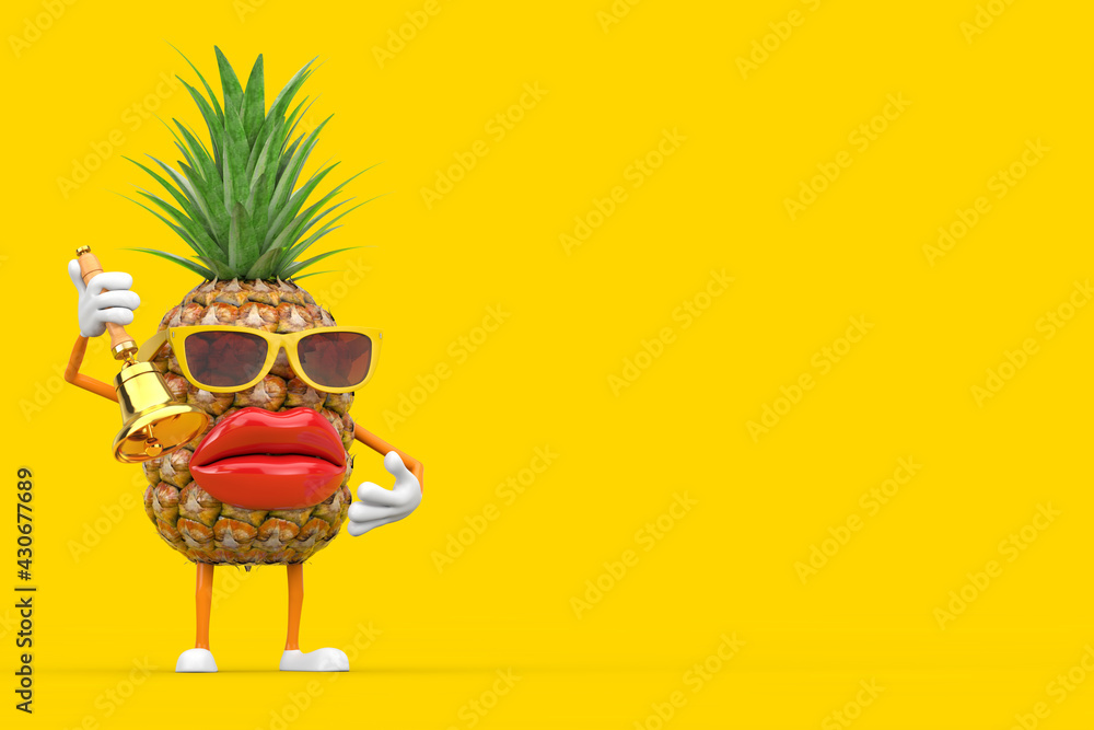 Naklejka premium Fun Cartoon Fashion Hipster Cut Pineapple Person Character Mascot with Vintage Golden School Bell. 3d Rendering