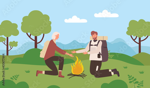 Couple people with backpacks camping in summer green forest landscape vector illustration. Cartoon young woman man hiker tourist characters backpacking, campers team sitting with campfire background