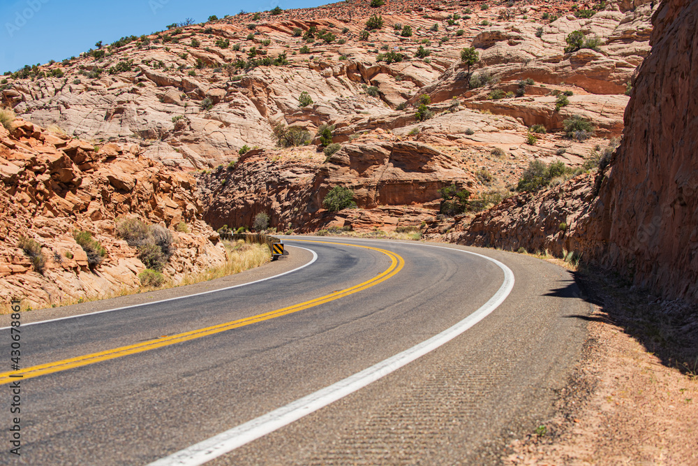 Road against the high rocks. Asphalt highway road. Road against the high rocks. Asphalt highway road.