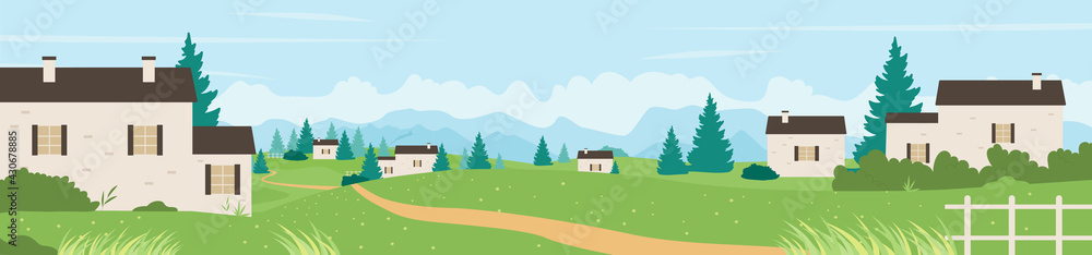 Green farm wide panorama landscape land at summer vector illustration. Cartoon rural nature landscape summer or spring greenery on fields and hills, village house town