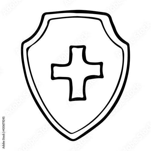 Knight metal shield with a cross in doodle style isolated.