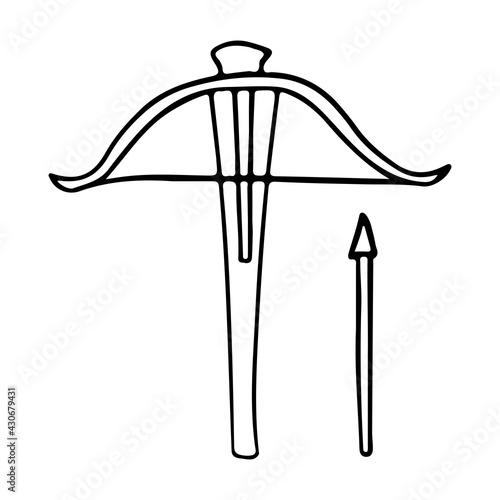Simple crossbow with bolt in doodle style isolated.