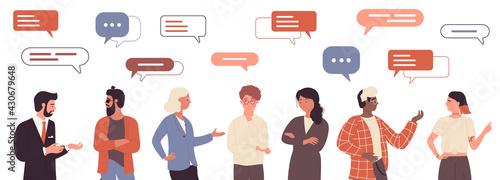 People talk, friendly or work communication vector illustration set. Cartoon man woman friend character talking with message bubble above head, businessman and lady solve work task isolated on white