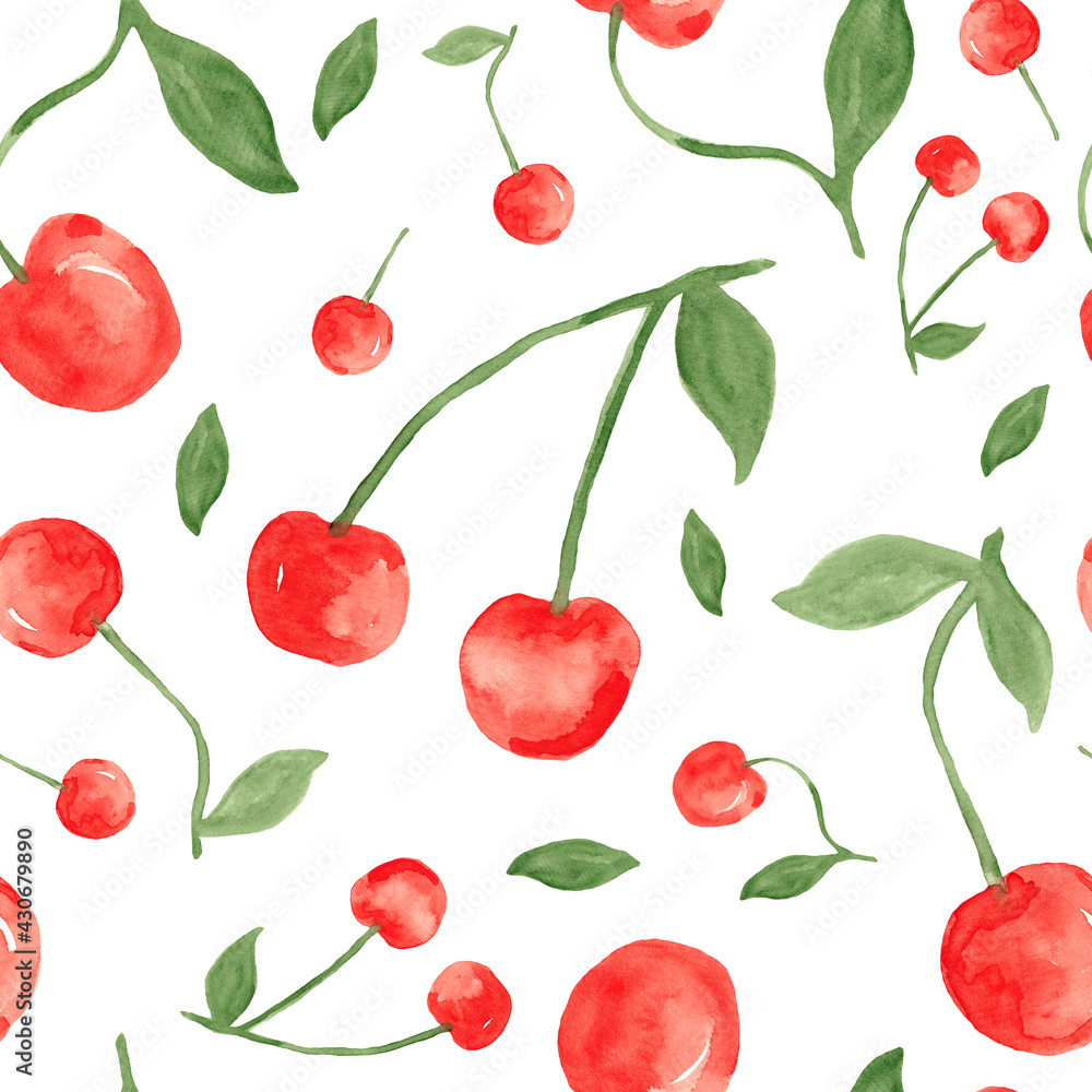 Red cherry berries - seamless pattern, watercolor painting isolated on white background Red cherry berries - seamless pattern, watercolor painting isolated on white background