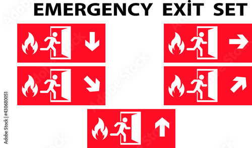 emergency fire exit sign set. running man icon to door. Red color. arrow vector. warning sign plate