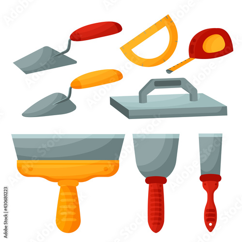 Construction tool isolated on white background. Spatula on a white background. Putty tool. Trowel for finishing work. Vector illustration. Construction and repair, spatulas, trowel, tape measure