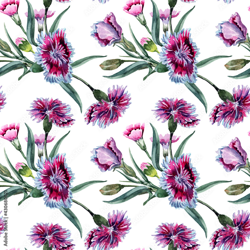 Bouquets of pink carnation flowers on stems with buds and green leaves in a summer seamless pattern. Hand drawn watercolor on white background for fabric, wallpaper, textile, scrapbooking, packaging. Bouquets of pink carnation flowers on stems with buds and green leaves in a summer seamless pattern. Hand drawn watercolor on white background for fabric, wallpaper, textile, scrapbooking, packaging.