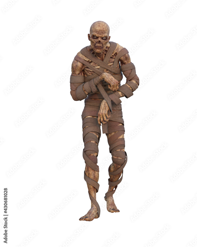 3D illustration of a zombie mummy fantasy creature walking toward the camera isolated on white.