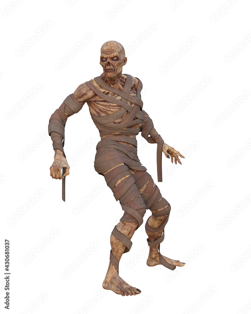 3D illustration of a zombie mummified fantasy monster wrapped in bandages isolated on white. 3D illustration of a zombie mummified fantasy monster wrapped in bandages isolated on white.