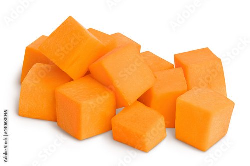 Valokuva butternut squash diced isolated on white background with clipping path and full