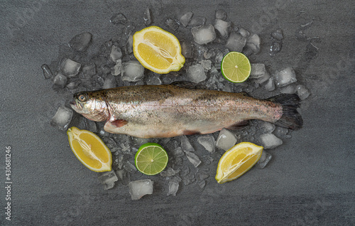 Fresh raw trout fish and lemon slices on the ice.Top view.Black marble background..
